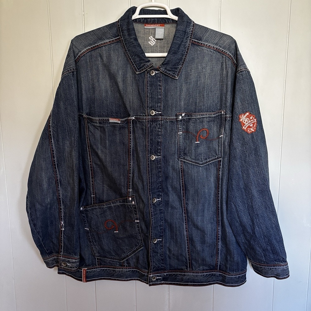 Rocawear Denim Jacket Men's 2XL Blue Y2K Hip Hop Red Stitch Embroidered